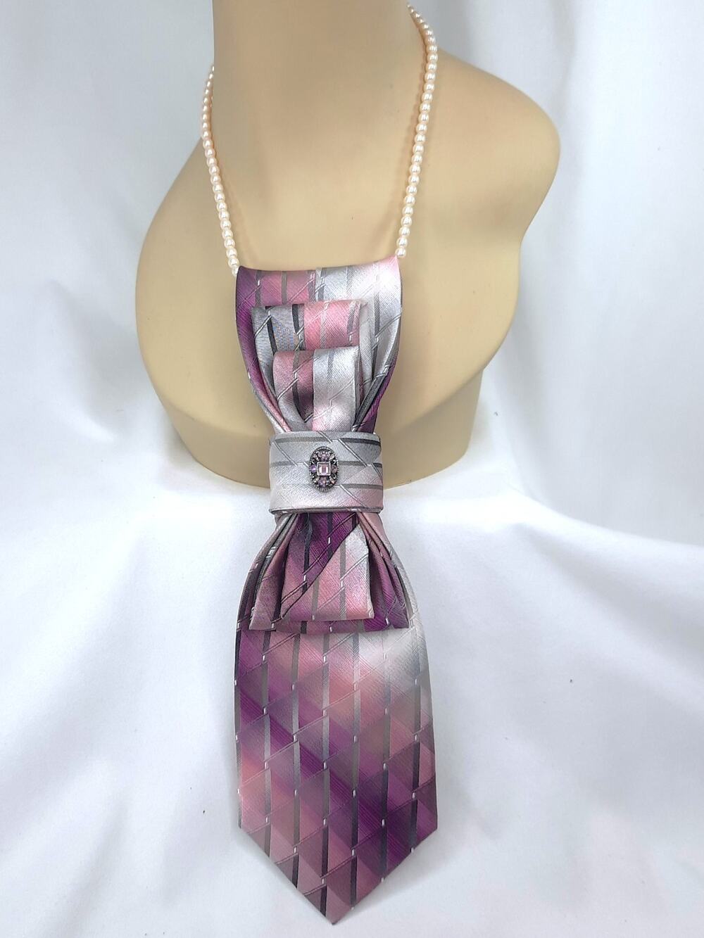 Artisan Vintage Silk Tie Pendant Pearl Beaded Necklace Silver Pink Jewel Accent